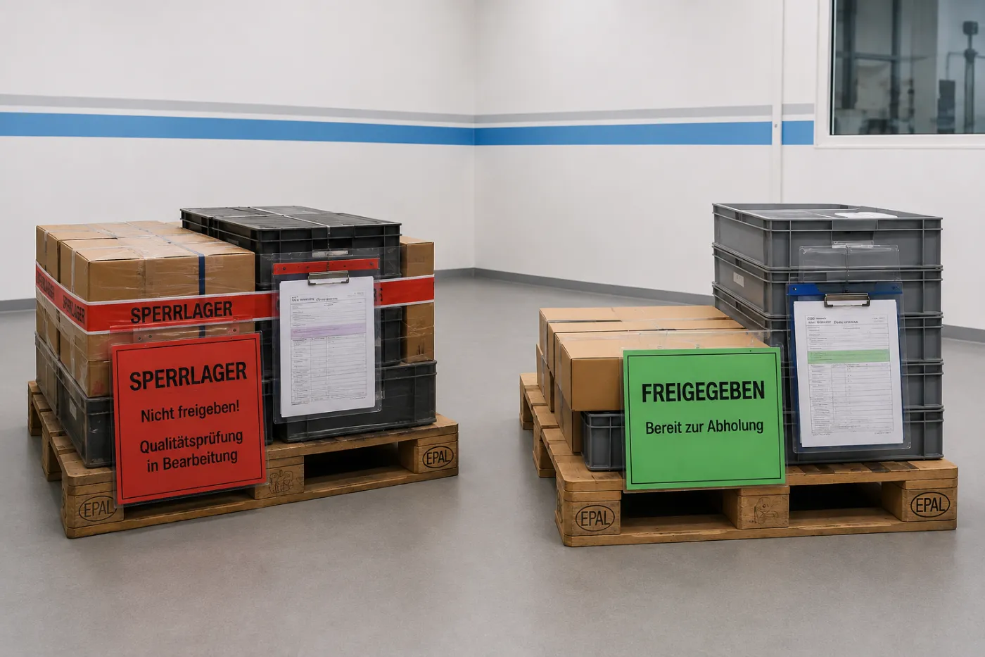 Palettiertes Lieferlos im Sperrlager: gesperrt, Qualitätsprüfung in Bearbeitung