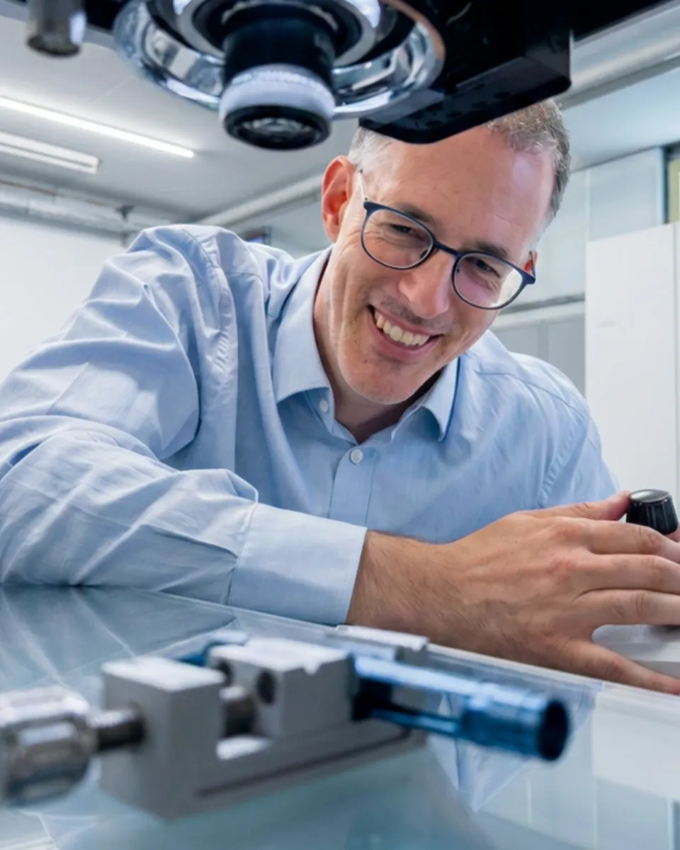 Simon Lang an der optischen Messmaschine im Messraum